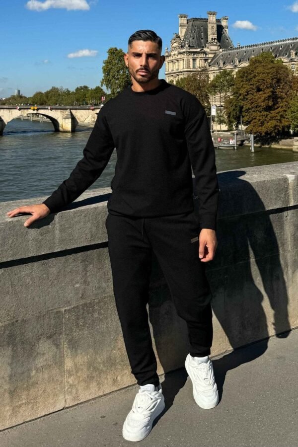 Nextage Black Textured Metal Slogan Slim Fit Tracksuit
