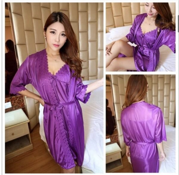 Short Night Dress & Full Sleeves Robe – Purple – Satin